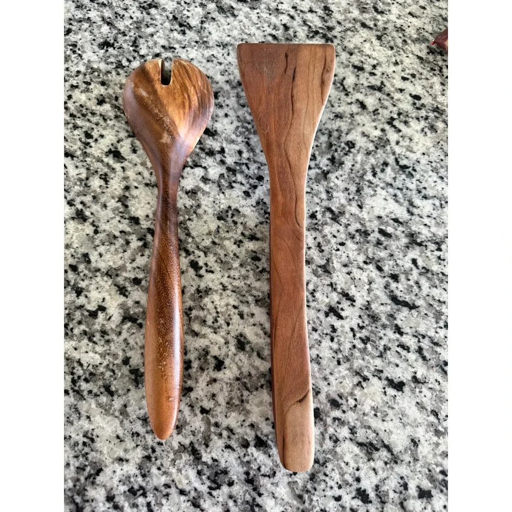 Handcrafted Wooden Kitchen Set of 2 Salad Spoon Spatula Rustic Artisan Wood